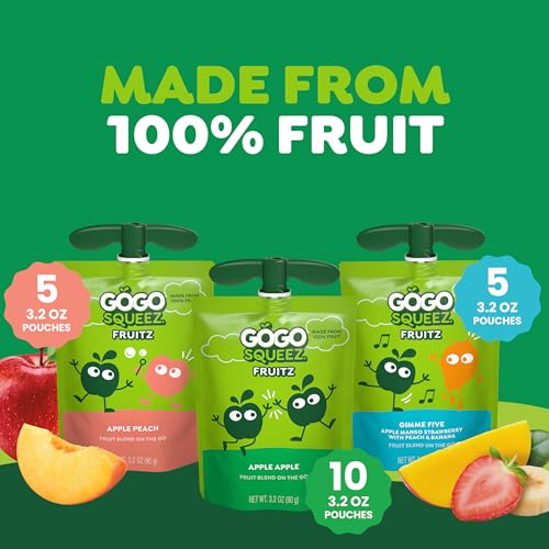 Image of GoGo squeeZ No Sugar Added Applesauce and Fruit Puree Variety Pack, Apple, Peach & Gimme Five!, 3.2 oz Pouches (Pack of 20), Fruit Snacks for Kids, Gluten Free, Nut Free, Recloseable Cap, BPA Free