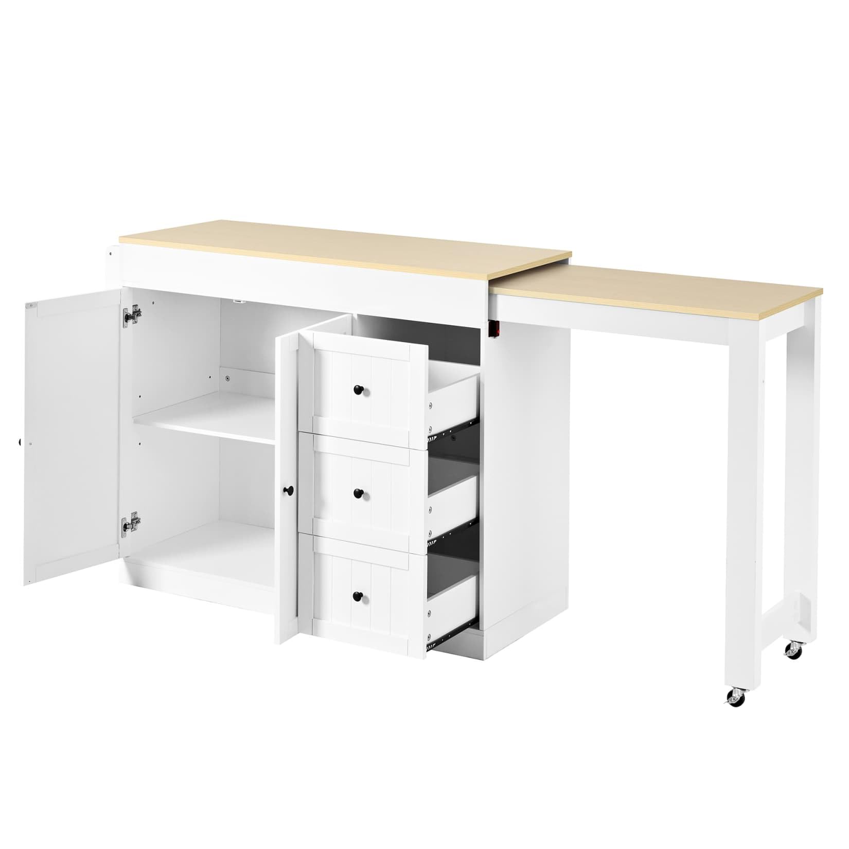 Desserte Cuisine avec 2 Plans de Travail Coulissants,Ilot Central Cuisine,Buffet Salle a Manger avec Prise,Tiroirs,8 Étagères Ouvertes,Étagères Réglables,2 Armoires,pour Salon (B-Blanc)