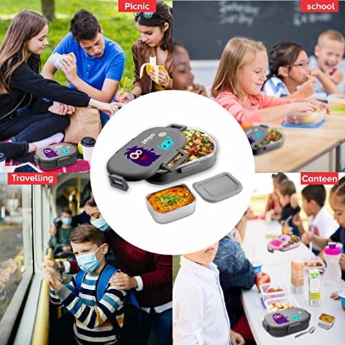 Image of Go24 pexpo Tango Monster(Purple) Print Stainless Steel Insulated Tiffin Box for Kids (650ml) and Small Container (150ml) with Spoon - Grey| | Anti-Skid Rubber Base|Kids Lunch Box for School, Picnic