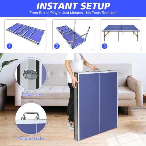 Tavolo da ping pong pieghevole da 137 cm, tavolo da ping pong portatile con rete, 2 racchette e 3 palline, superficie di gioco in MDF con rimbalzo uniforme della palla, per interni ed esterni