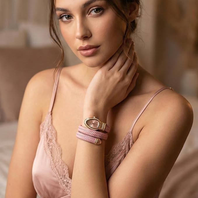 Image of Serpentine Snake Watch for Women with Spiral Wrap Bracelet, Roman Numeral Dial, Quartz Movement Metal Bezel Wrist Watch