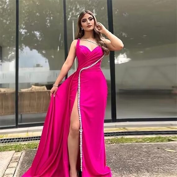 One Shoulder Satin Prom Dresses Long Sparkly Beaded Formal Dresses Mermaid Evening Dress with High Split3