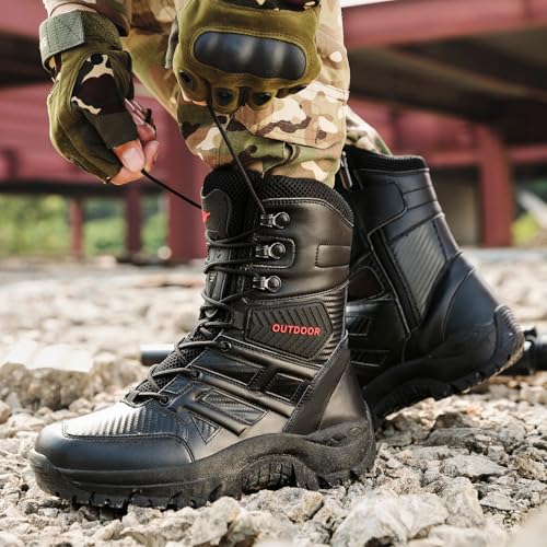 Image of Men's Tactical Military Work Boots Side Zipper Lightweight Outdoor Motorcycle Boots Waterproof Combat Army Boots for Men