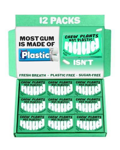 Nuud Plastic Free Chewing Gum | Plant Based | Aspartame Free | Xylitol | Biodegradable | Sugar Free Chewing Gum | 12 Packs of 9 Pieces (Spearmint)