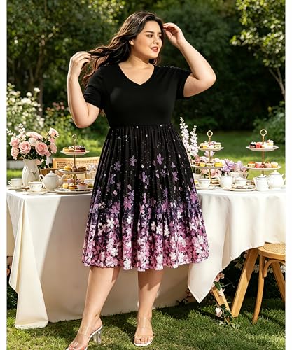 Image of CARCOS Plus Size Dresses for Women Summer Short Sleeve V Neck Patchwork Dresseses XL-5XL