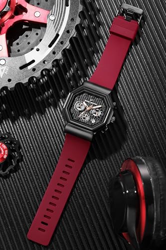 Image of Daniel Hechter Paris Daumesnil Collection Analog Watch for Men Hexagonal Chronograph Watch Black Textured Dial, Multi-Function Display, Red Silicone Strap, Date Window