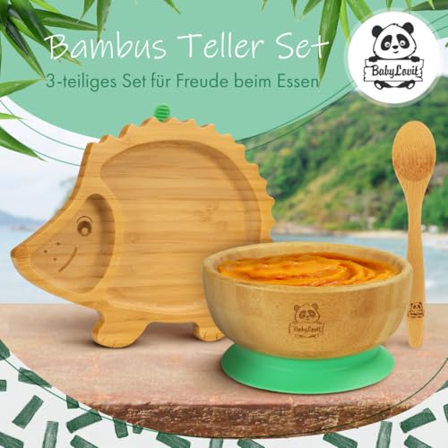 Babylovit Bambus Kinderteller & Schüssel | TÜV Geprüfter Baby Teller mit Saugnapf & Esslernbesteck | BLW Beikost Zubehör… – Ansicht 6