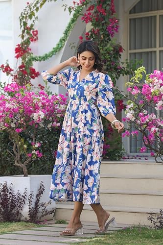 Image of Leriya Fashion Dress for Woman | Maxi Dress for Women Stylish | Women's Elegant A Line Dresses Summer Long Georgette with Floral Prints | Perfect Gaun Wear for Womens