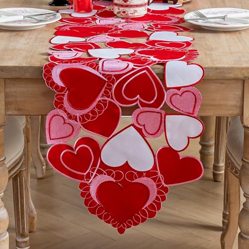 Valentines Day Table Runner, Embroidered Sweet Red Love Heart Table Runners, for Mother’s Day, Wedding Anniversary, Marriage Proposals, Engagements, Romantic Events Parties Decoration (14 ×59 inch)