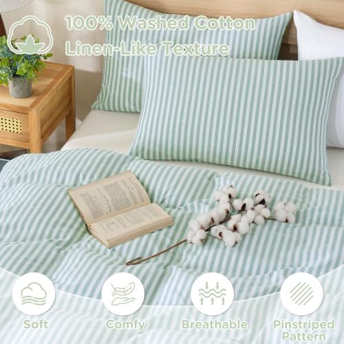 Image of TOCOMOA Sage Green Striped Duvet Cover Set Washed Cotton Like Linen, King | 100% Washed Cotton Linen-Like Feel Soft, Breathable & Comfy. Lightweight Bedding Set with Zipper & 8 Ties. 3 Pcs, No Insert