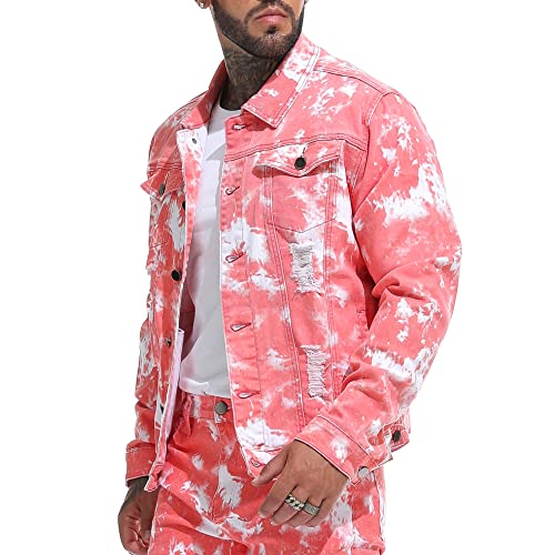 Image of RANMCC Men's Elastic Ripped Denim Jacket, Vintage Washed Frayed Trucker Coat, Lightweight Casual All Season Street Outerwear