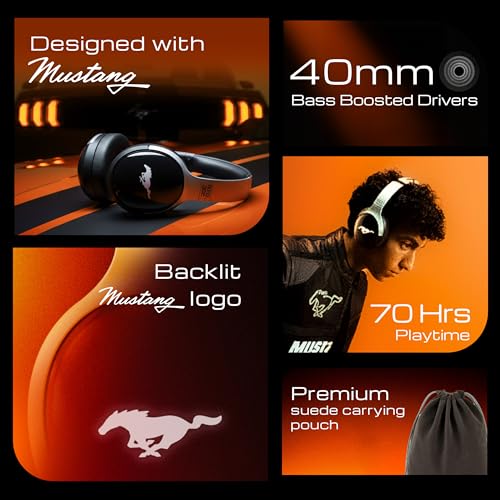 Image of GOBOULT Mustang Thunder Bluetooth Headphones with Upto 70H Playtime, BoomX Technology, Brightness LEDs, 40mm Driver, Zen ENC Mic, BTv 5.4, Type-C Fast Charging, Over Ear Wireless Headphone with Mic