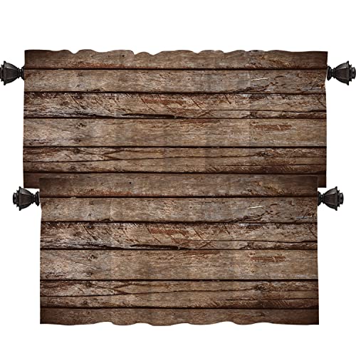 Shrahala Brown Wooden Background Kitchen Valances Half Window Curtain, Abstract Hardwood Kitchen Valance For Window Antique Grunge Kitchen Valances Curtains For Kitchen Decoration 52X18 Inch #TOP8