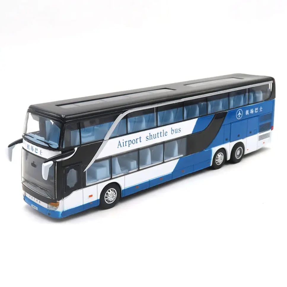Image of DEOXY Diecast Double Decker Bus Model, Airport Shuttle, White and Orange, Pull Back Action, Toy Vehicle