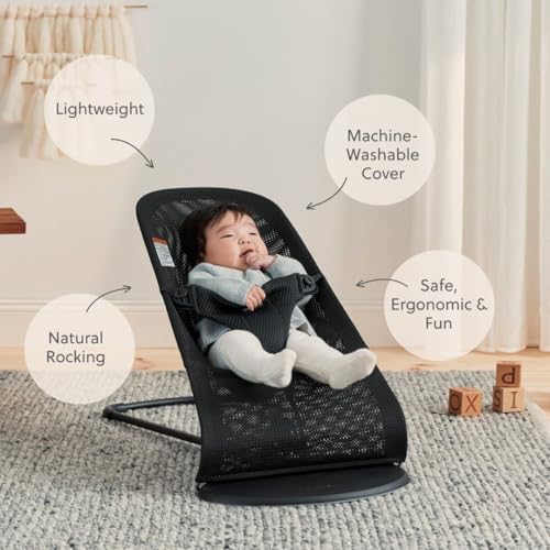 Image of BabyBjorn Bouncer Bliss, Black Frame, Mesh, Black 2-in-1 Adjustable Baby Bouncer Seat and Toddler Chair, Newborn to Toddler (8-29 lbs), 4 Positions, Lightweight & Portable