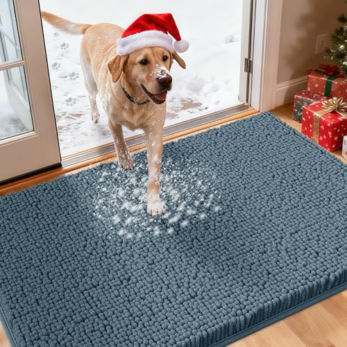 Extra Large Dog Door Mats for Muddy Paws, 60" x 36" Chenille Absorbent Mud Mat for Dogs, Non Slip Heavy Dog Rugs For Muddy Paws, Soft Indoor Door Mat for Entryway, Mud Paw, Inside Floor, Dusty Blue