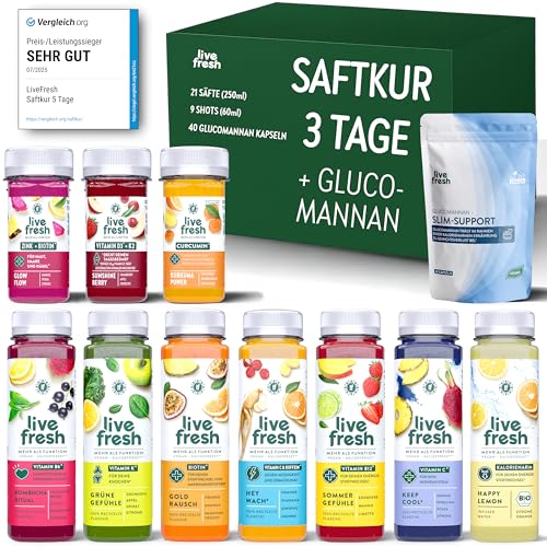 LiveFresh Saftkur 3 Tage + Glucomannan 21 Säfte (250ml) & 9 Shots (60ml) kaltgepresst 743 Kalorien pro Tag Tipps zum nachhaltigen Abnehmen in der LiveFresh App