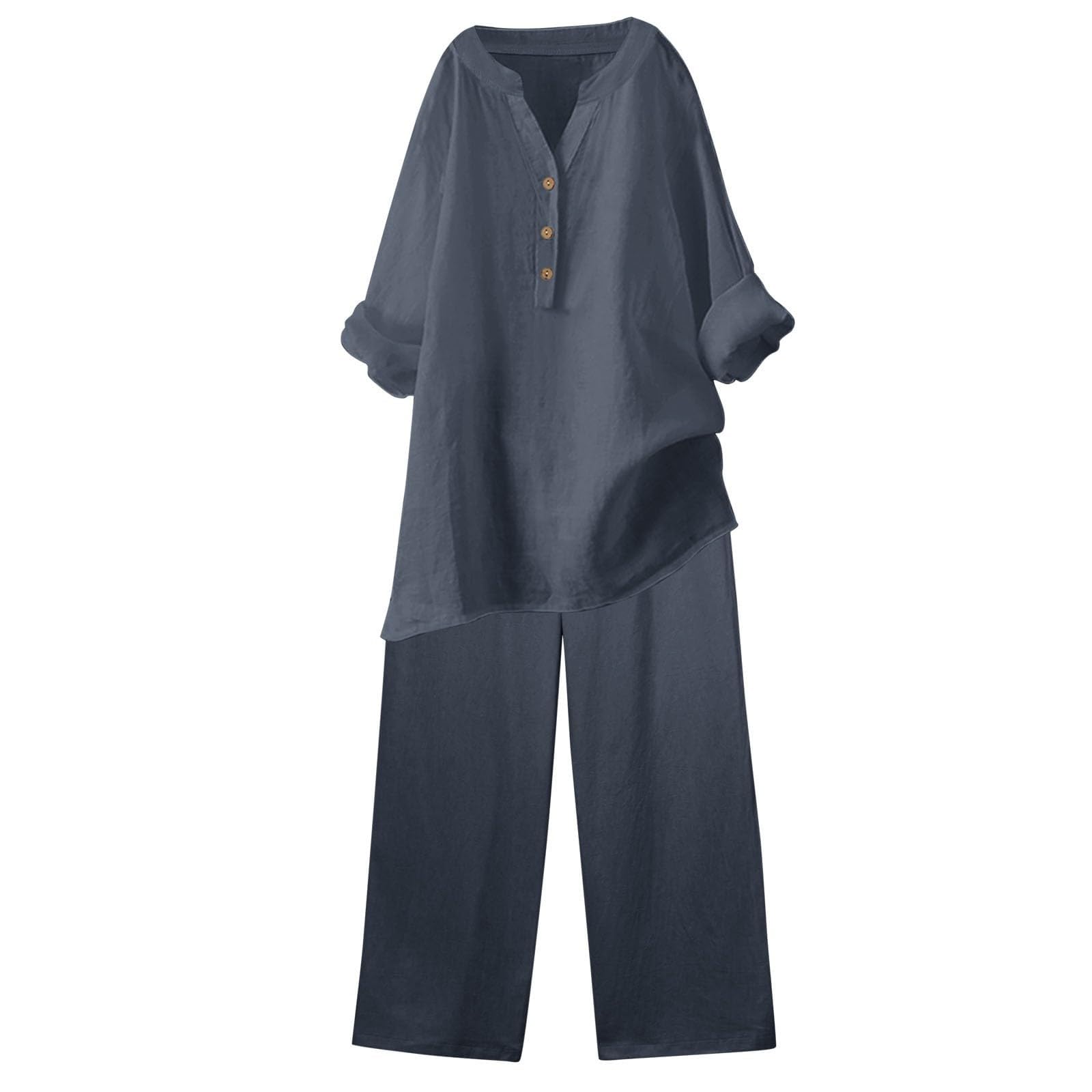 Ensemble de pyjama 2 pièces pour femme - Grandes tailles - Couleur unie | Combinaison ample en lin à manches mi-longues, col en V, boutons et taille élastique, lacets, pantalon à jambes larges