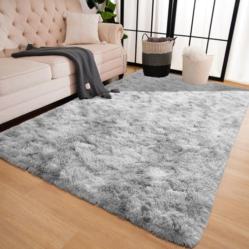 5x7 Tie Dyed Grey Fluffy Area Rugs for Bedroom, Soft Indoor Plush Rug for Living Room, Large Furry Fuzzy Shag Floor Carpet for Kids Nursery Boys Room Dorm Classroom Home Office Decor Mat