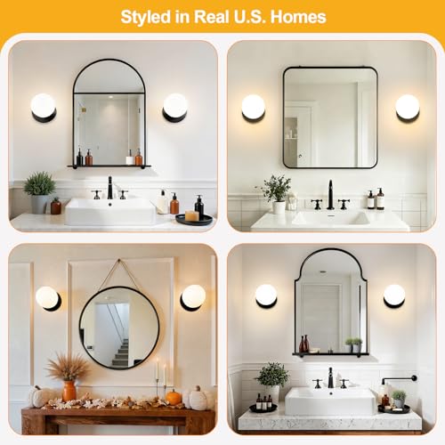 Image of 2 Pack Modern Matte Black Wall Light Fixtures, Mid-Century Globe Glass Wall Sconces Set of Two for Bathroom Mirror, Living Room, Hallway, Entryway (Bulbs Not Included)