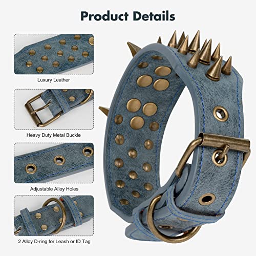 Spiked Studded Dog Collar, Wanyang Big Sharp Spike Dog Collars, Geniune Leather, Neck Protection From Bite, Adjustable, Fit Pitbull Doberman German Shepherd, For Medium Large Dogs #TOP4