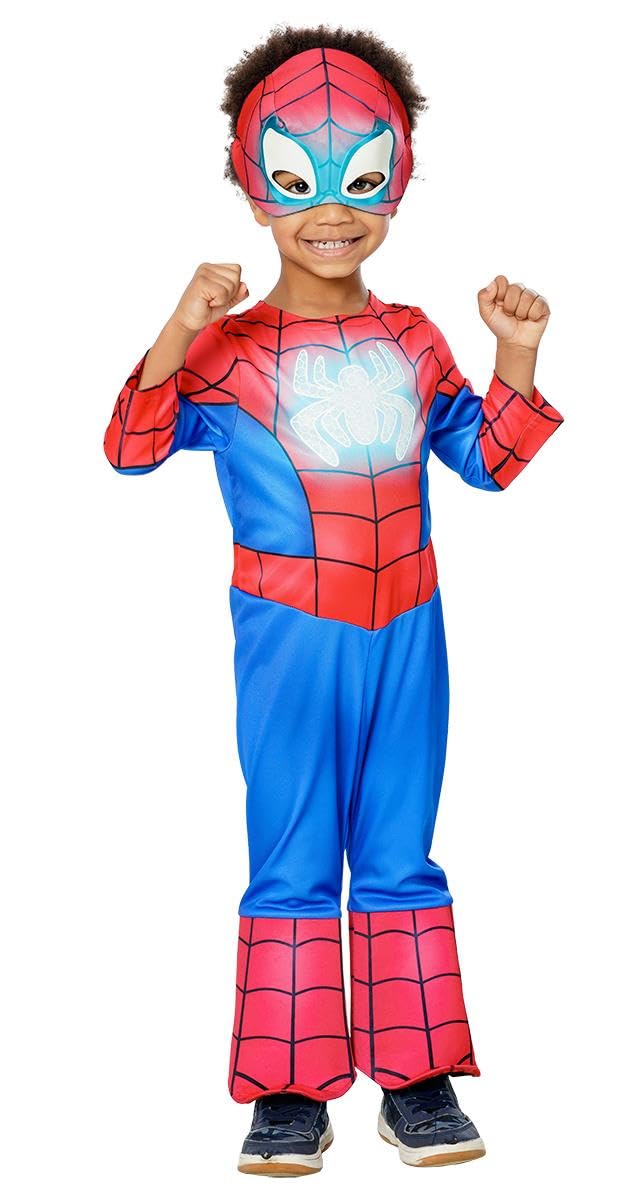 Rubies Disfraz Spidey Glow in dark Preschool para niños y niñas, Jumpsuit, cubre botas y media máscara, Oficial Marvel, Spidey & Friends para Carnaval, Navidad, Cumpleaños, Fiestas y Halloween.