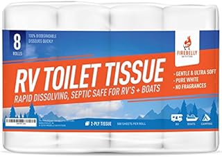 RV Toilet Paper, Septic Tank Safe-MADE IN THE USA- 8 Rolls,2-Ply 500 Sheets - Fast Dissolve Bath Tissue for Camping, Marine, RV Holding Tanks, Biodegradable - Firebelly Outfitters