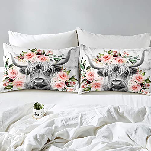 Homewish Highland Cow Flower Duvet Cover King Size Bull Cattle Bedding Set Bedroom Decorative Western Funny Animal Comforter Set Wildlife Farmhouse Cow Quilt Set Rose Grey Marble Bed Cover - Image 2