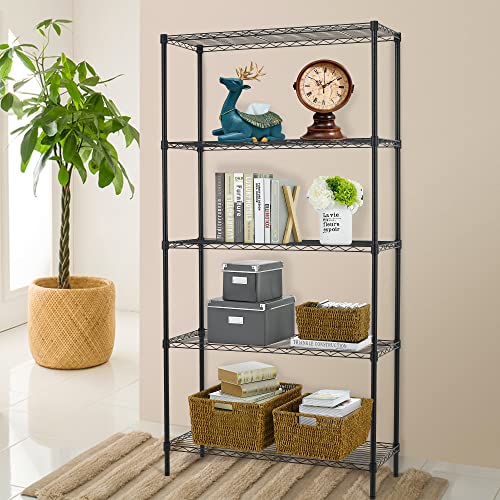 Vnewone 5-Tier Storage Shelves Large Wire Shelving Unit NSF Metal Garage 72”x36”x14” 1250 LBS Capacity Heavy Duty Height Adjustable Commercial Grade Utility Steel Rack with Wheels,Black, 1250LBs