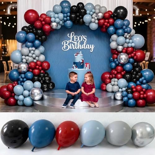 Black Red Blue Balloon Arch Garland Kit, 110pcs Double Stuffed Ruby Red Dusty Denim Blue Grey & Silver Balloon for Spider Theme Birthday Hero Graduation Pirate Baby Shower Party — view 3