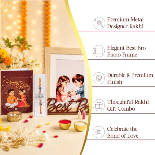 Image of Art Street Rakhi Gift Combo with Best Bro Wooden Photo Frame, Designer Rakhi, Greeting Card, Roli Chawal | Raksha Bandhan Gift Hamper for Brother | Personalized Gift Set
