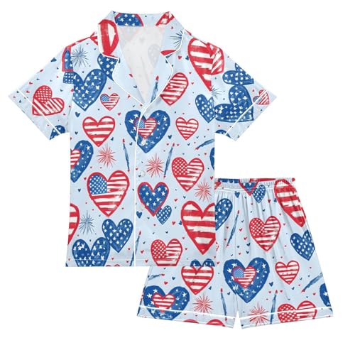ALAZA Love American Flag Firework Pajamas Satin Pajama Set Short Sleeve Button Down Sleepwear