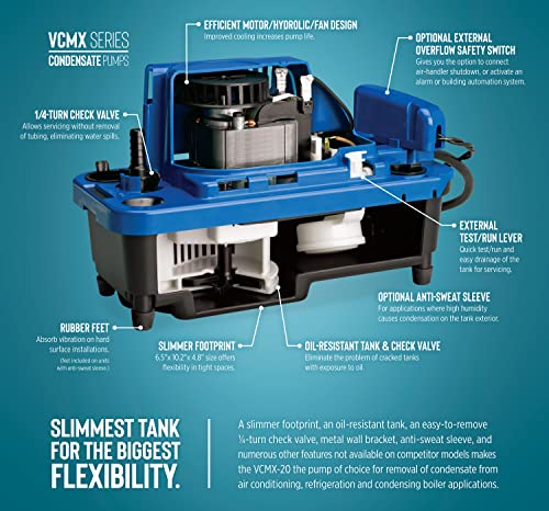 Image of Little Giant VCMX-20ULST 115 Volt, 1 /30 HP, 84 GPH Automatic Condensate Removal Pump, 6-Ft. Power Cord, Safety Switch, 20-ft. 3 /8-inch Tubing, Blue, 554550