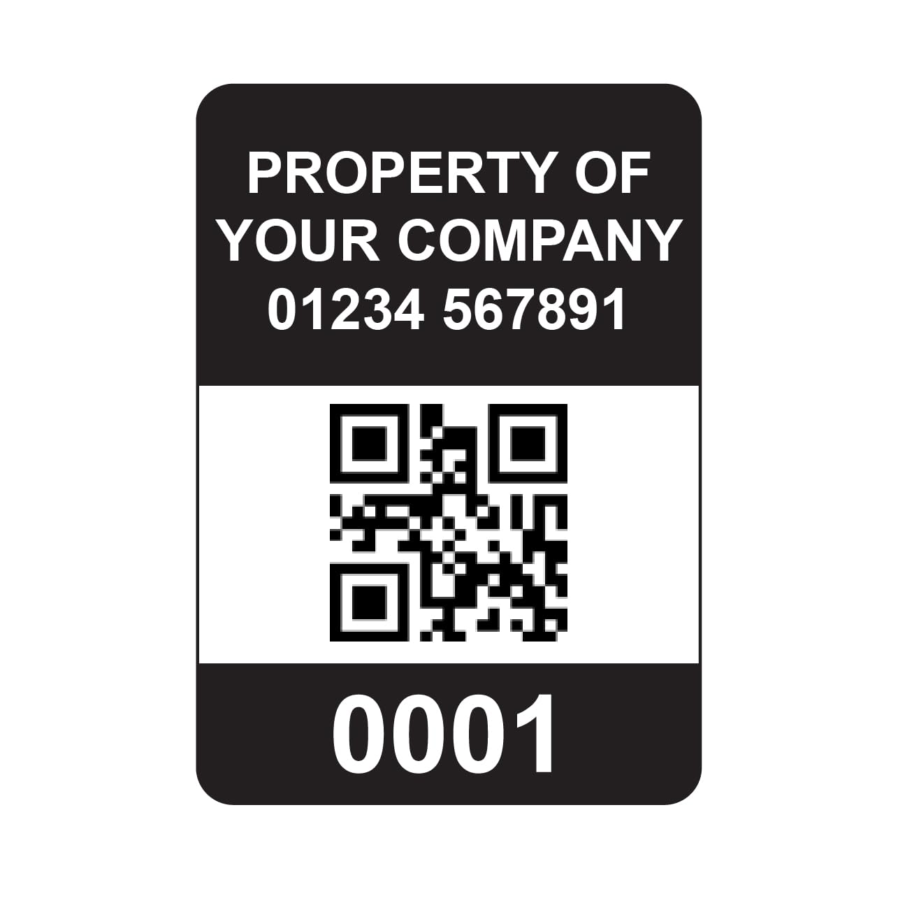 500 Serialised QR Code Asset Tag Labels Custom Stickers- Black. 40mm x 28mm Permanent Vinyl Labels