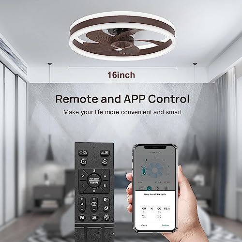Werbuy 16'' Ceiling Fans With Lights And Remote App Control, Low Profile Flush Mount Small Ceiling Fan For Bedroom Tv Room With 6 Speeds/Quiet Reversible Dc Motor/Smart Timing -5 Brown Wood Blades #TOP2