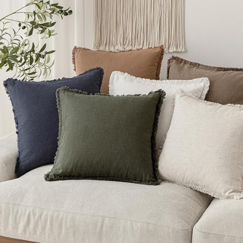 Image of Foindtower Decorative Linen Fringe Throw Pillow Covers Cozy Boho Farmhouse Cushion Cover with Tassels Soft Accent Pillowcase for Chair Sofa Bed Living Room Home Decor, 16x16 Inch, 1PC,Dark Olive Green