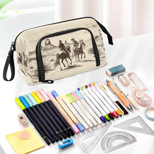Image of Western Cowboy Pencil Bag with Unique Side-Open Mouth Design Large Capacity for 40-60 Pens Ideal for Students Writers Artists Travel Office & School Supplies