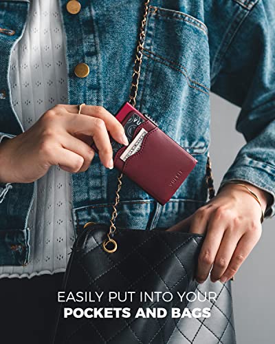 Image of VULKIT Credit Card Holder Minimalist Slim Pop Up Wallet with Leather Slots RFID Blocking for Men and Women Holds 7 Cards and Notes Wine
