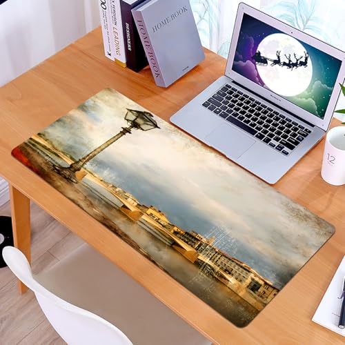 KDWJS Alfombrilla para ratón Speed Gaming XXL 90x40 cm - Base para Mesa - Mejora la precisión y la Velocidad - Resistente - Paisaje Urbano, farolas Antiguas Junto al río, Edificios históricos y Puent