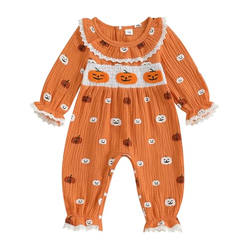 Newborn Girl Halloween Baby Clothes Pumpkin Bubble Onesie Lace Romper Doll Collar Jumpsuit Infant Fall Outfits