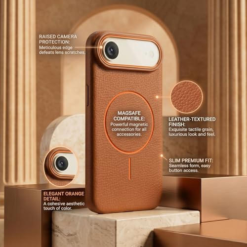 Image of amazon basics Luxury MagSafe Compatible Leather Texture Back Cover for iPhone 17 Air | Raised Camera Protection | Slim Fit Shockproof Case with Metallic Accents (Orange)
