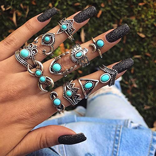 36-40 Pcs Vintage Silver Knuckle Rings for Women WesternTurquoise Rings Boho Silver Oval Gemstone Ring Joint Knuckle Rings3
