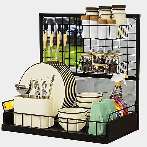 Genérico Escurridor de Platos con Cesta Colgante, escurridores de Platos, Organizador de Cocina para Platos, escurridor de Platos de Acero Inoxidable de 3 Niveles, escurridor de Platos para encimera