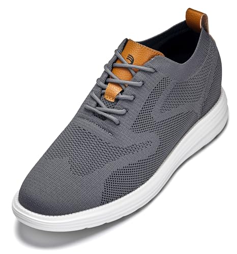 CALTO Mens Invisible Height Increasing Elevator Casual Shoes - Iron Gray/Brown Ultra Light-Weight Lace-up Knitted Casual Sporty Sneakers - 2.8 Inches Taller - X2636 - Size 11 D(M) US