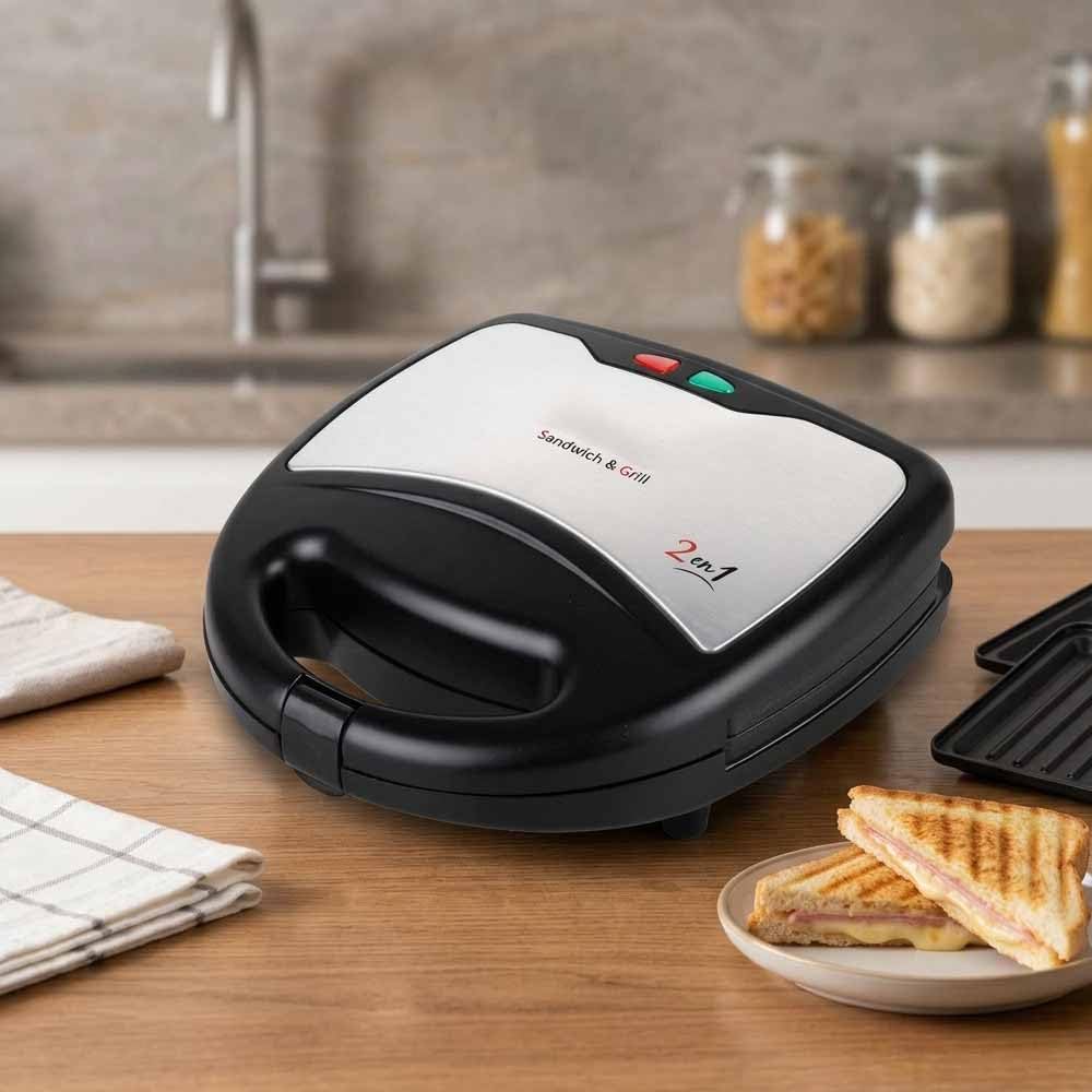 Sandwichera Multifunción 2 en 1 | 750 W | Placas Intercambiables para Sándwich y Grill | Recubrimiento Antiadherente | Protección contra Sobrecalentamiento