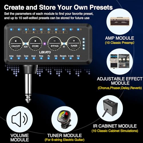Image of LEKATO Guitar Headphone Amp, Mini Guitar Amplifier with 10 Presets,10 Amp Models,10 IR Loading,Tuner, Bluetooth Receiver,Inlay Multi Effects Delay Reverb Chorus Overdrive, USB Recording