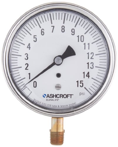 ASHCROFT Duralife Type 1009 Stainless Steel Case Dry Filled Pressure Gauge, Stainless Steel Tube and Bronze Socket, 3.5