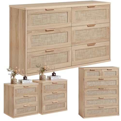 LEYAOYAO Rattan Dresser and Nightstand Set of 4, Boho Wood Dresser for Bedroom with 6 Drawers and Night Stand with 3 Drawer, Bedroom Furniture, Dressers & Chests of Drawers, Living Room