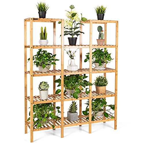 Review Discount Costway Bamboo Utility Shelf Bathroom Rack Plant Display Stand 5-Tier Storage Organizer Rack Cube W/Several Cell Closet Storage Cabinet (12-Pots)