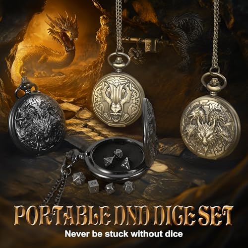 Image of Kabinka DND Dice Set, 7pcs Mini Metal Dice with Pocket Watch Shell, Portable D&D Die with Necklace, Dungeons and Dragons Dice for RPG(Five-Headed Dragon, Bronze)
